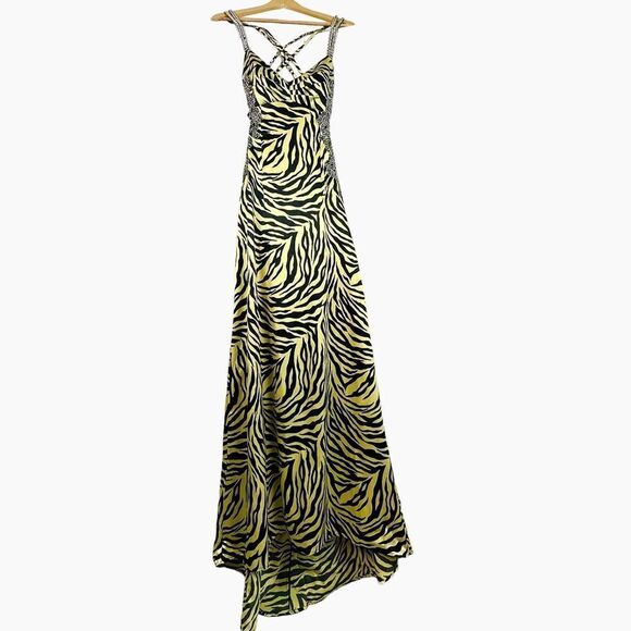 Morgan & Co Yellow & Black Zebra Rhinestone Bedazzled Formal Dress Vintage - Picture 1 of 13